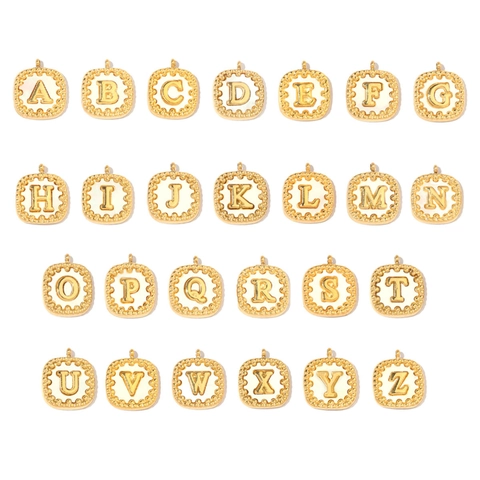 Vierkante Bedel Met Beginletter Roestvrij Staal 14K Verguld Schelp Alfabet Charm Voor DIY Sieraden Maken