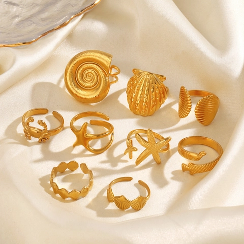 Ocean Theme Shell Starfish Adjustable Ring Stainless Steel Gold Plated Marine Life Fashion Jewelry For Women