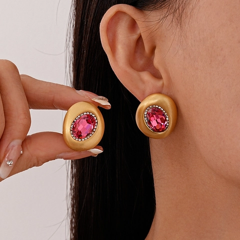 Pendientes De Botón Ovalados Vintage Cobre Oro Mate Piedra Preciosa Artificial Strass Poste De Plata Para Mujeres