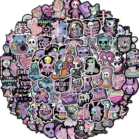 Pastel Goth Stickers Waterproof PVC Decals For Laptop Suitcase Guitar Decoration Creepy Cute Dark Gothic Skull Cartoon Art DIY