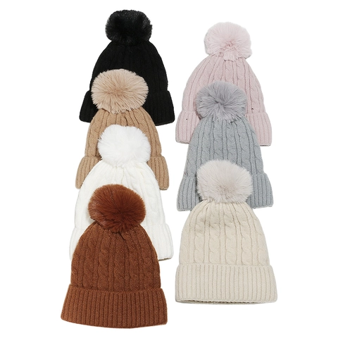 Women Winter Beanie Hat Cable Knit Fleece Lined Thick Warm Ski Cap With Faux Fur Pom-pom Solid Color