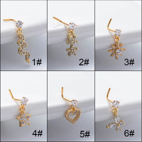Fashion Metal Zirconia L-Shape Nose Stud For Women Heart Snake Butterfly Star Pendant Nose Ring Piercing Jewelry