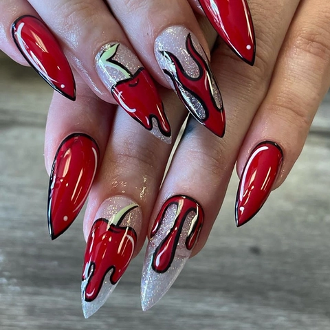 Mandel Drucknägel Rot Silber Glitzer Comic Pop Art Stil Flammen Kirschmuster Halloween Gothic Party Kunststoff