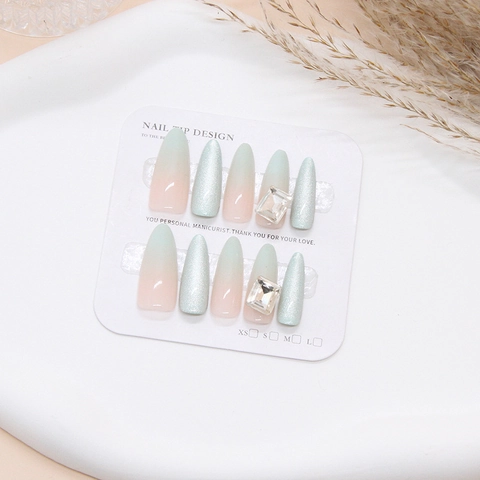 Uñas Postizas Hechas A Mano Degradado Rosa Azul Ojo De Gato Almendra Larga Uñas Artificiales Con Pedrería