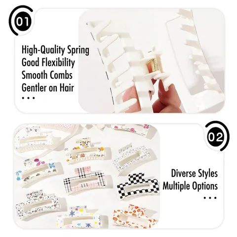 Hair Claw Clips Plastic Rectangular Hollow Strong Hold Printed Checkerboard Floral Halloween Christmas For Women Girls Fashionable