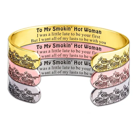 Edelstahl Manschette Armreif Graviert To My Smokin Hot Woman Wellenmuster Verstellbarer Schmuck Geschenk Für Sie