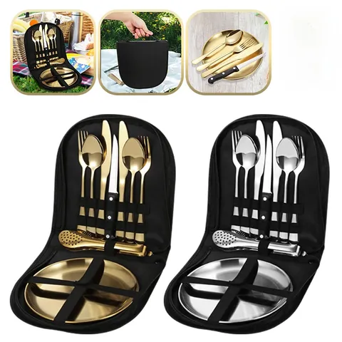 Service de Table Portable en Acier Inoxydable pour Camping Extérieur Pique-Nique Personnes Avec Sac de Rangement Fourchette Cuillère Couteau Assiette