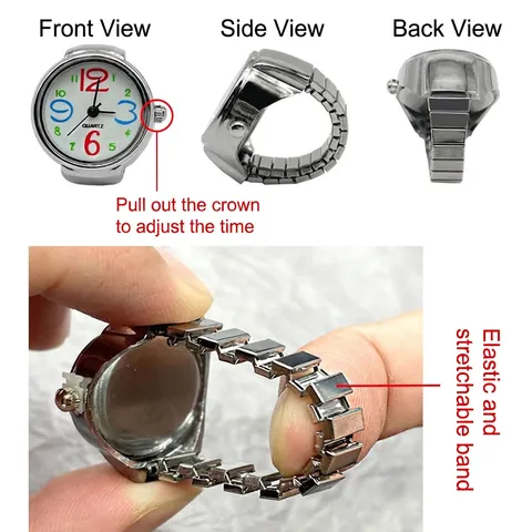 Creative Ring Watch Alloy Case Quartz Movement Stretchable Stainless Steel Elastic Band Arabic Numerals Finger Jewelry