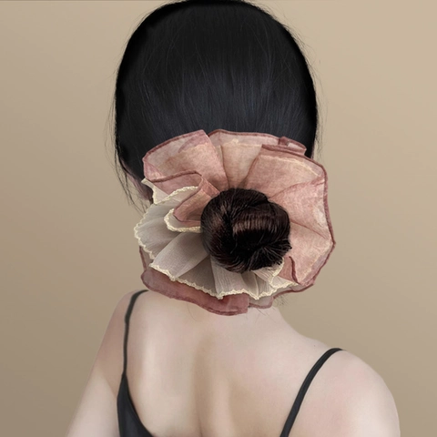 Coletero Grande De Gasa A Capas Estilo Coreano Elástico Flor Encaje Accesorio De Pelo De Tela Elegante Para Mujeres