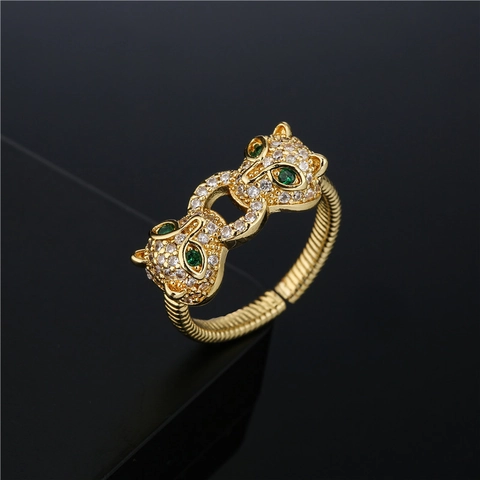 Doppelter Pantherkopf Ring Kupfer Vergoldet Mikro Pave Zirkonia Grüne Augen Verstellbar Offen Geripptes Band Schmuck