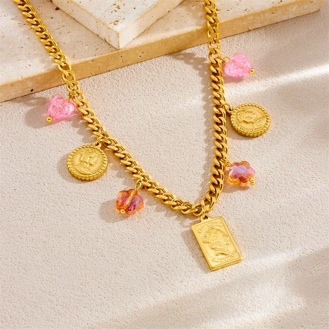 Stainless Steel Gold Plated Vintage Coin Portrait Pendant Necklace And Bracelet Jewelry Set Rhinestone Heart For Women