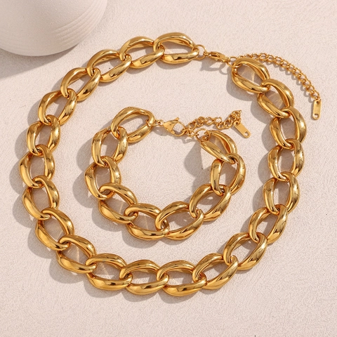 Chunky Chain Halskette Und Armband 18K Vergoldet Edelstahl Panzerkette Minimalistisch Mode Damen Schmuck