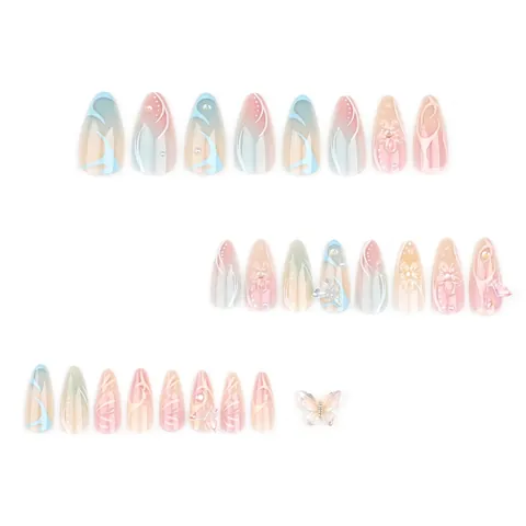 Press On Nägel 3D Schmetterling Blumen Mandelform Gradient Smudge Falsche Nagelspitzen Mit Strasssteinen Künstliche Perlen Damen