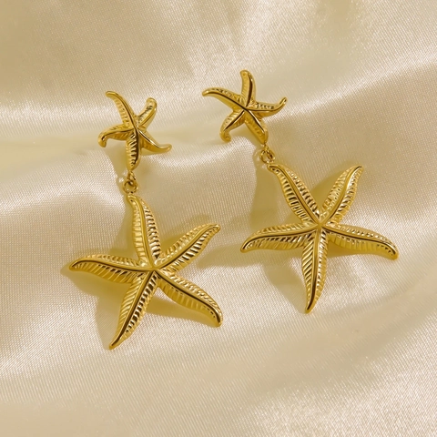 Pendientes De Gota Con Colgante De Doble Estrella De Mar Acero Inoxidable Chapado En Oro 14K Pulido Texturizado