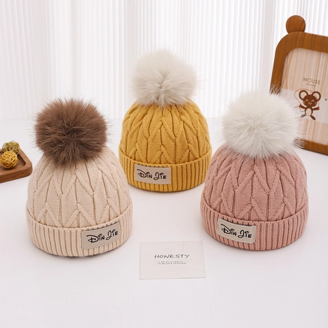 Kinder Strickmütze Kunstfell Bommel Zopfmuster Dick Warm Winter Outdoor Kopfbedeckung Für Kleinkinder Jungen Mädchen