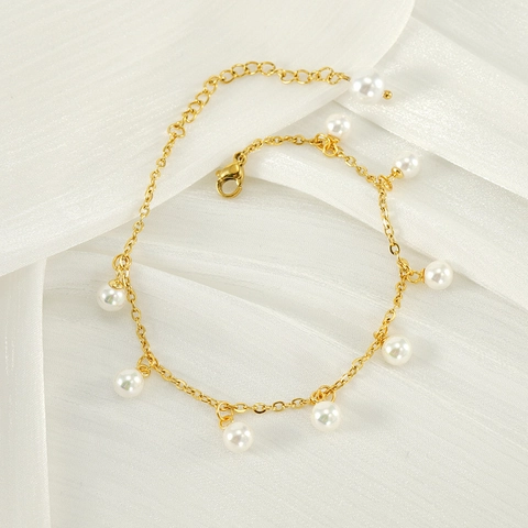 Fußkettchen Armband Für Damen Edelstahl 18K Vergoldet Mit Künstlichen Künstliche Perlenanhängern Quaste Mode Verstellbarer Schmuck