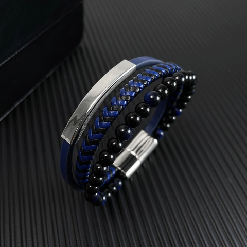 Bracelet Multi Couches Homme Cuir Tressé Bleu Perles Noires Acier Inoxydable Fermoir Magnétique Hip Hop Streetwear