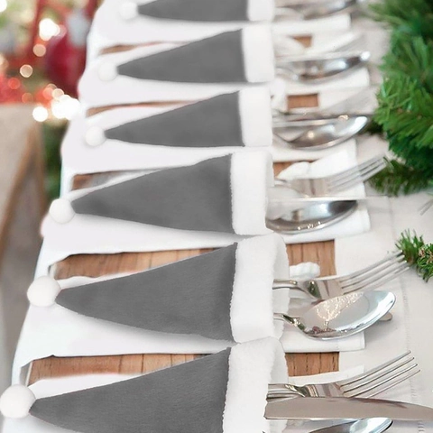 Grey Mini Christmas Hat Cutlery Holder Non-Woven Fabric Silverware Pocket Bag Wine Bottle Cover Xmas Dining Table Decoration