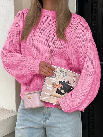 Women Chunky Knit Pullover Sweater Round Neck Loose Casual Long Sleeve Solid Color Autumn Winter Top