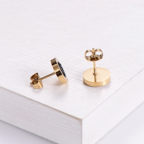 Boucles D'Oreilles Puces Rondes Acier Inoxydable 316L Strass Noir Chiffre Romain Plaqué Or 18K Bijoux Femmes