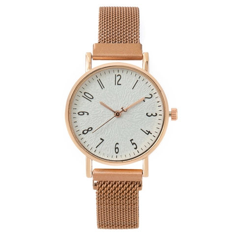 Fashion Women's Quartz Watch Magnetic Mesh Metal Strap Textured Number Dial Analog Wrist Watch For Lady Elegant Jewelry