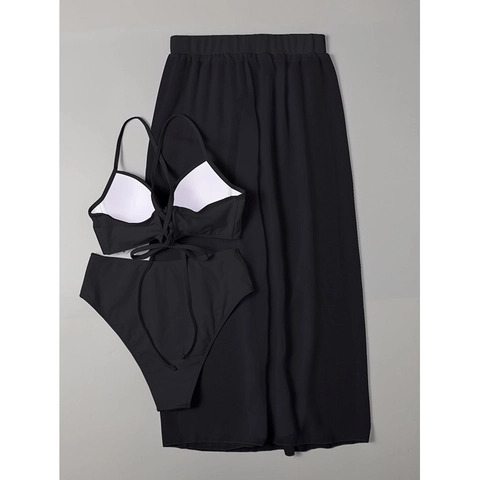 Top De Bikini Braguita De Talle Alto Y Falda De Playa Cover Up Traje De Baño Mujer Poliéster Spandex Color Sólido Sexy