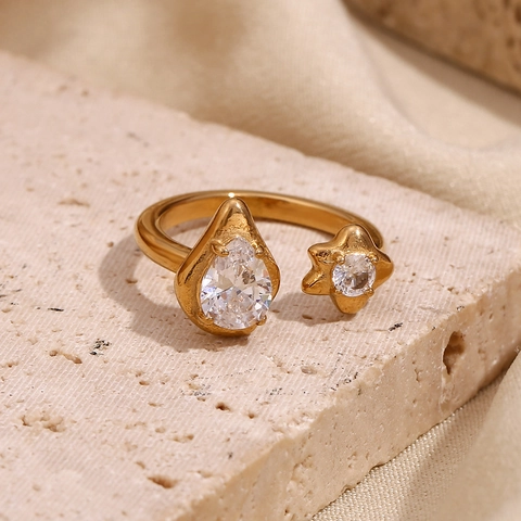 Asymmetric Star And Teardrop Open Ring Stainless Steel 18K Gold Plated Zirconia Adjustable Ring For Women Fashion Jewelry Gift