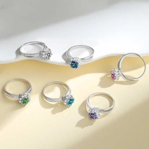Anello Moissanite Argento Sterling 925 Taglio Rotondo Pietra Preziosa Colorata Matrimonio Fidanzamento Gioielli Donna