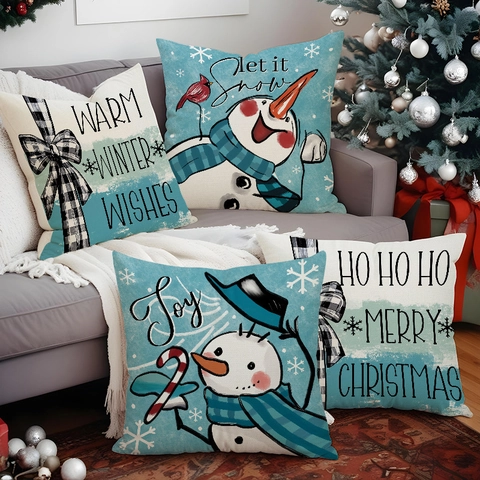 Christmas Pillow Covers Snowman Robin Bird Pattern Linen Cotton Square Holiday Couch Cushion Case Winter Farmhouse Decor