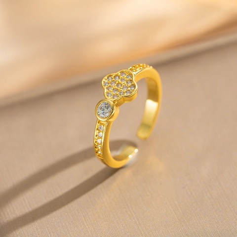Clover Flower Open Ring Copper Cubic Zirconia Adjustable Jewelry Trendy Elegant Luxury Fashion Gift For Women