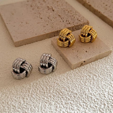 Orecchini A Lobo Con Nodo Geometrico Rame Placcato Oro 18K Corda Intrecciata Gioielli Minimalisti Retrò Donna
