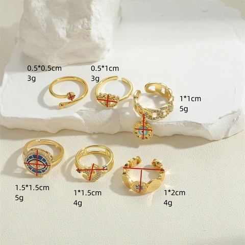 Französisch Vintage 14K Vergoldet Kupfer Böses Auge Ring Zirkonia Blume Stern Mond Offen Verstellbarer Ring Damen Schmuck