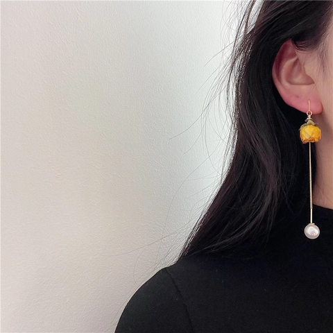 Lange Quasten Rosenohrringe Mit Silbernem Ohrstecker Künstliche Perlen Blumenanhänger Waldstil Eleganter Schmuck Für Damen