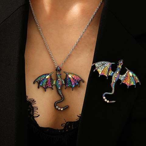Retro Flying Dragon Jewelry Alloy Enamel Drip Oil Rhinestone Brooch Necklace Earrings Ring Gothic Punk Style Accessory