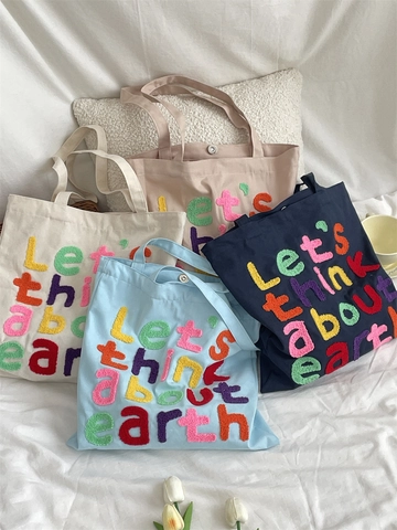 Canvas Tote Bag Colorful Chenille Letter Embroidery Large Capacity Korean Style Shoulder Handbag For Women