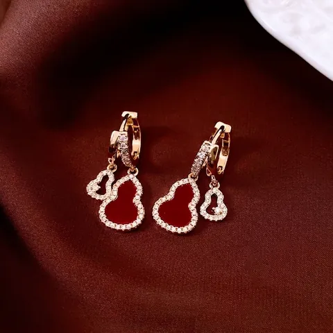 Pendientes De Aro De Cobre Bañados En Oro De 14K Lujo Calabaza Roja Hueca Circón Doble Colgante Estilo Chino Mujeres