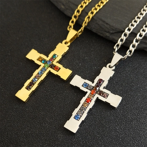 Collana Con Pendente A Croce In Acciaio Inossidabile Con Strass Colorati Gioielli Hip Hop Per Uomo Donna