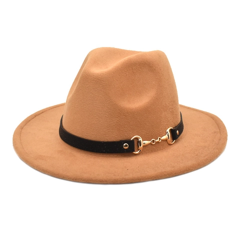 Women Wool Fedora Hat Wide Brim Vintage British Style Jazz Cap With Horsebit Metal Buckle Autumn Winter Warm Sunshade