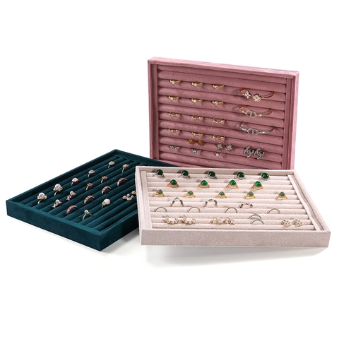 Velvet Jewelry Display Tray Multi Slot Ring Earring Organizer For Counter Desktop Rectangular Soft Storage Prop