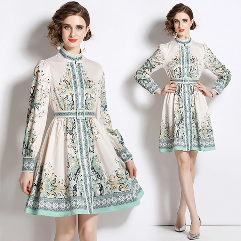 Elegantes Damen Kleid Mit Paisley Muster Stehkragen Langarm Knopfleiste Gürtel Midi Retro Palast Stil Polyester