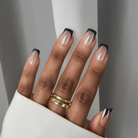 Unghie Finte Stile Francese Forma Quadrata Lucida Galvanizzata Punte Blu Scuro Geometriche Per Donne Manicure