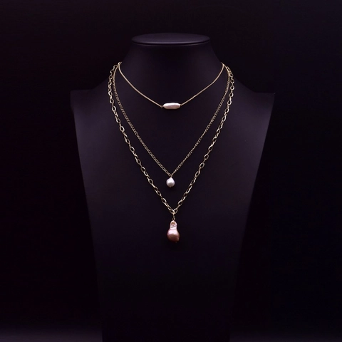 Collier de Perles d'Eau Douce Baroques Fait Main Cuivre Plaqué Or Vintage Chaîne de Pull Multicouche Bijoux Femme