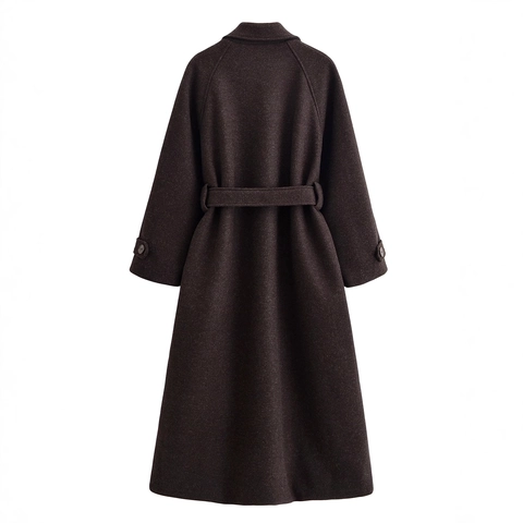 Women Long Woolen Overcoat Belted Solid Color Loose Fit Lapel Long Sleeve Polyester Outerwear Coffee