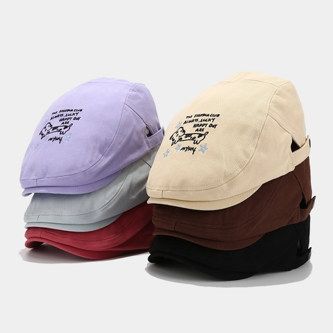 Cotton Flat Cap Vintage Ivy Hat With Cartoon Puppy Embroidery Adjustable Casual Sun Protection For Men Women