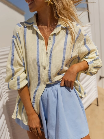 Gestreiftes Langarmhemd Und Shorts Outfit Aus Polyester Elasthan Lockere Atmungsaktive Urlaubs Strandbekleidung Für Damen