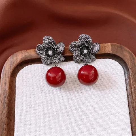 Orecchini Pendenti A Fiore Vintage Con Perno In Argento Lega Zircone Perla Artificial Sintetica Perla Artificial Rossa Gioielli Eleganti Retro