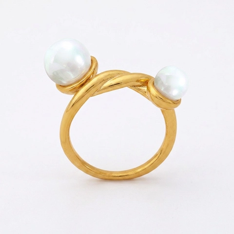 Twisted Knot Ring 18K Gold Plated Titanium Steel Double Iridescent Artificial Pearl French Ins Style Retro Minimalist For Women