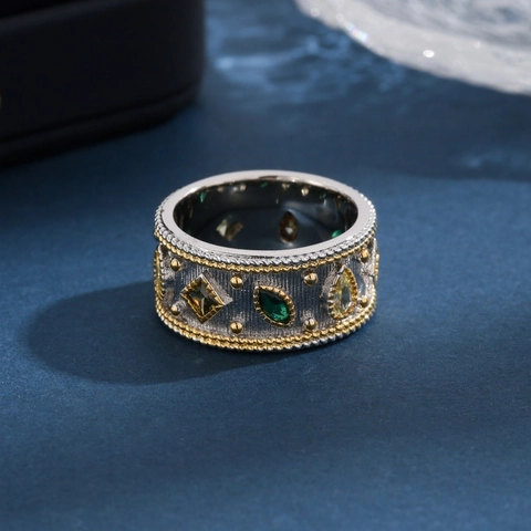 Retro Französischer Luxus Kupfer Emaille Ring Für Damen Strass Eingelegt Zweifarbig Geometrischer Bandring Party Schmuck