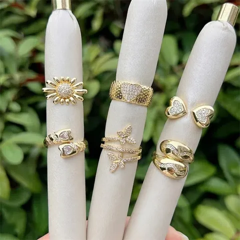 Verstellbarer Kupferring 18K Vergoldet Zirkonia Herz Schmetterling Sonnenblume Offener Schmuck Für Damen