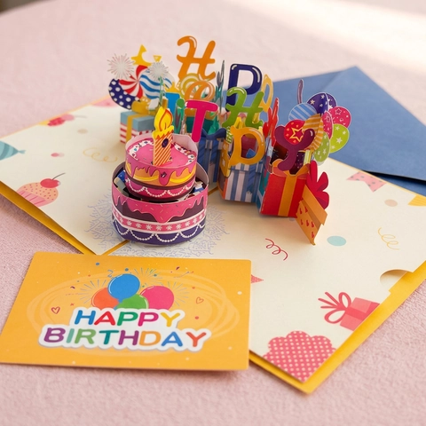 Tarjeta De Felicitación Cumpleaños 3D Pop Up Con Música Y Luz LED Efecto Vela De Soplar Papel Regalo Happy Birthday